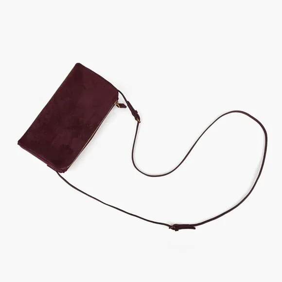 women Burgundy Suede Leather Small Crossbody Shoulder Bag with Adjustable strap - Picture 3 of 7